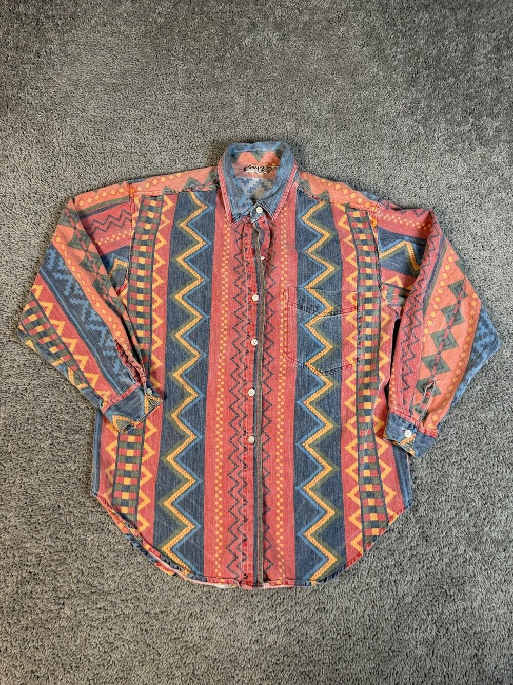 Vintage Quizz Shirt Mens M Multicolor Western Button Up Denim Geometric Pocket